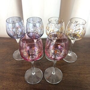 VTG Romanian Etched Pink Lavender Gold Crystal Cordial Dessert Glasses Set of 6